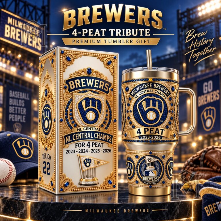 Milwaukee Brewers 2026 NL Central 4-Peat Tribute Tumbler - front angled view with handle