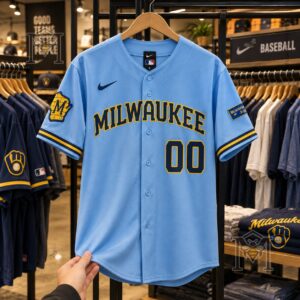 Milwaukee Brewers Light Blue Alternate Baseball Jersey - front view with Milwaukee lettering and number 00