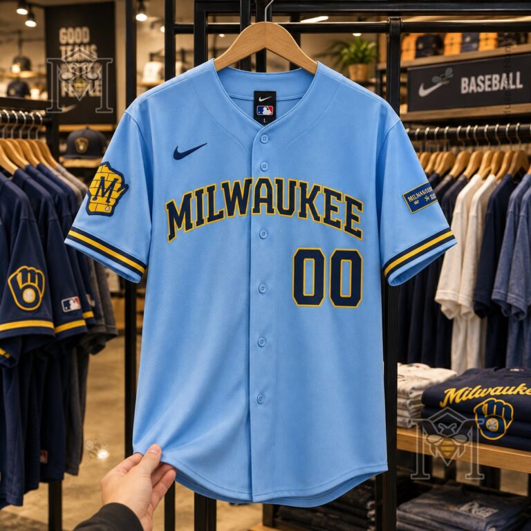 Milwaukee Brewers Light Blue Alternate Baseball Jersey - front view with Milwaukee lettering and number 00