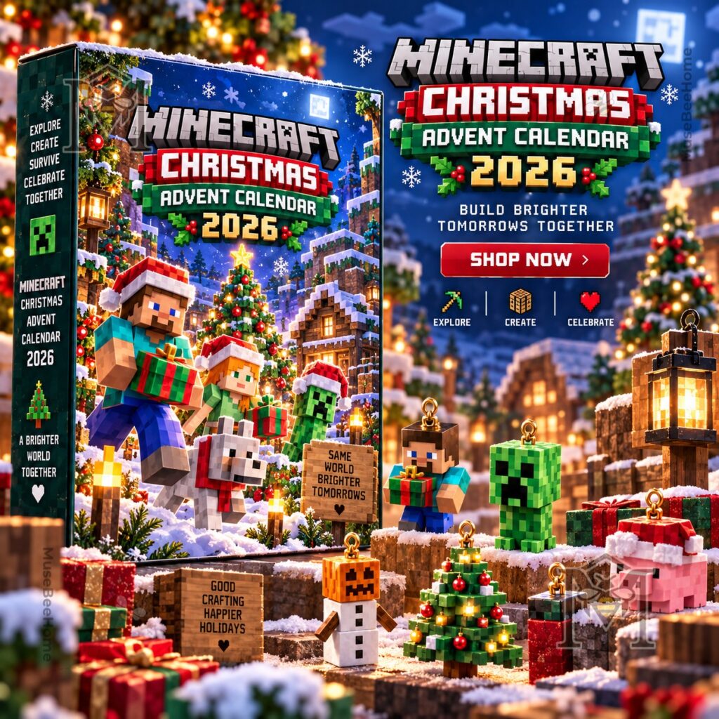 Minecraft Christmas Advent Calendar 2026 – Front packaging with snowy characters Minecraft Christmas Advent Calendar 2026 - front packaging with snowy characters and holiday decorations