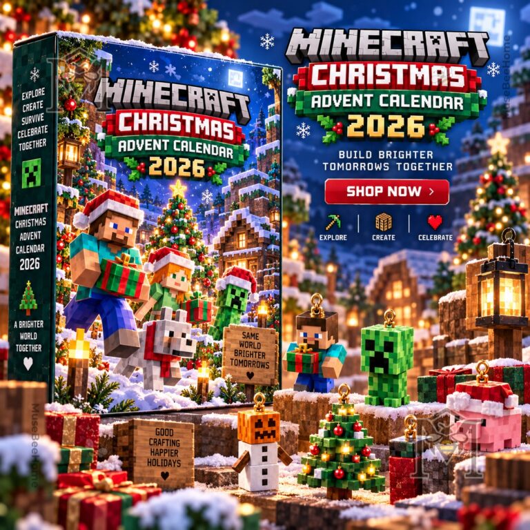 Minecraft Christmas Advent Calendar 2026 - front packaging with snowy characters and holiday decorations