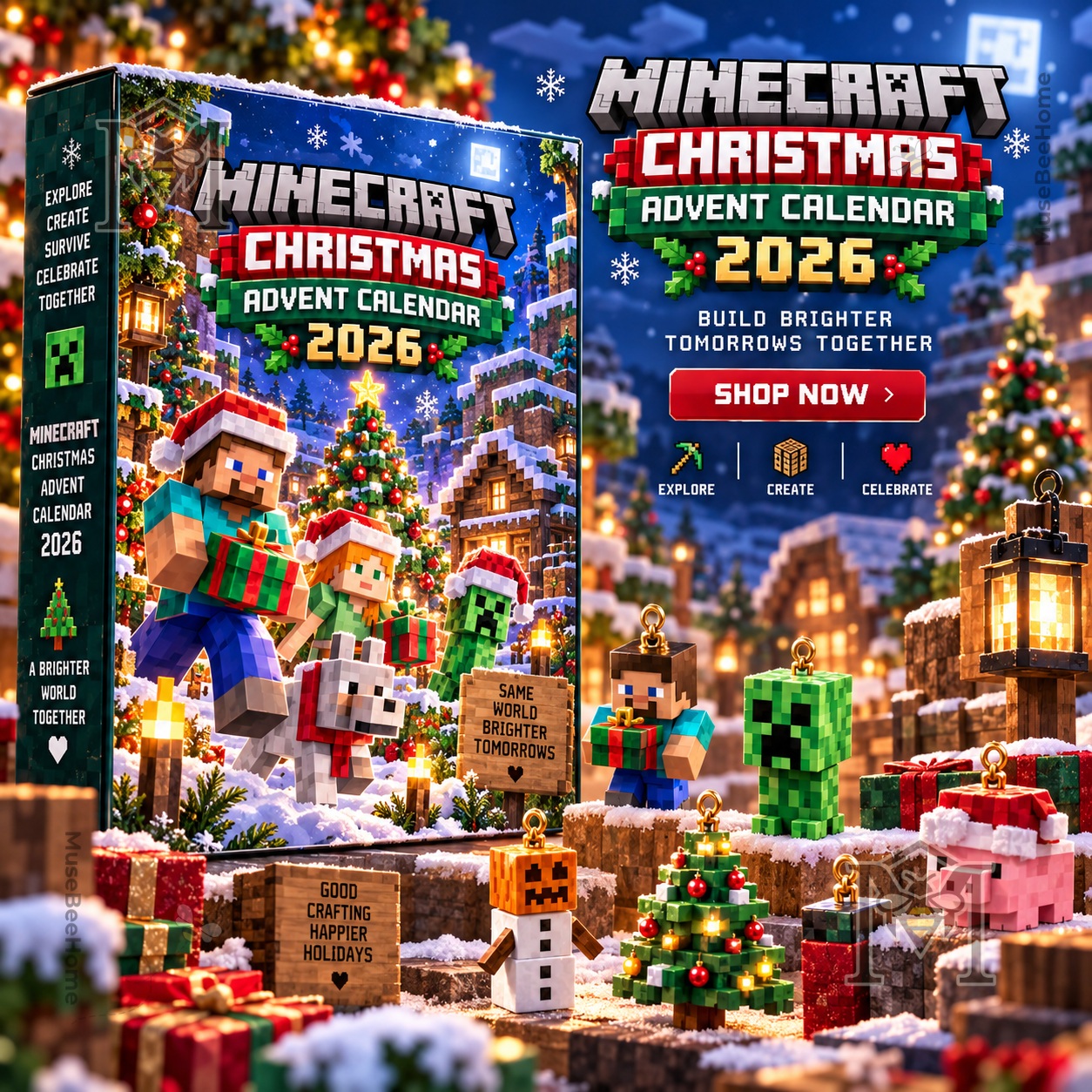 Minecraft Christmas Advent Calendar 2026 - front packaging with snowy characters and holiday decorations