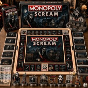 Monopoly Scream Board Game - complete board layout with themed cards and miniatures
