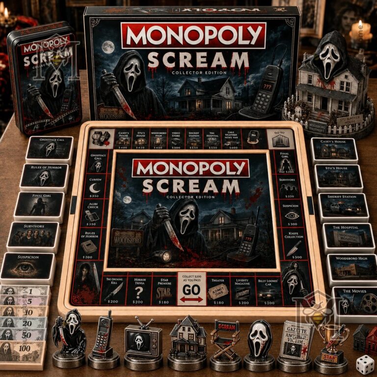 Monopoly Scream Board Game - complete board layout with themed cards and miniatures