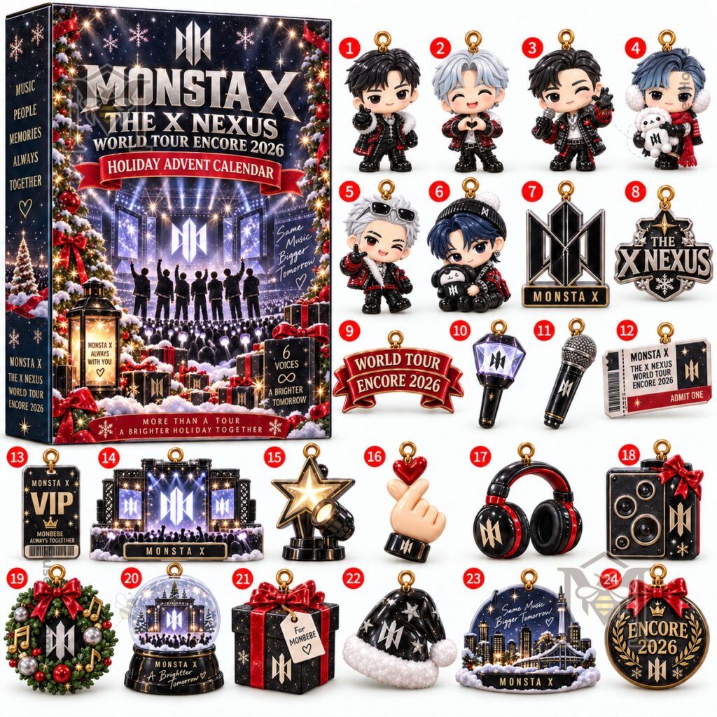 MONSTA X THE X NEXUS World Tour Encore 2026 Holiday Advent Calendar - displayed with character ornaments
