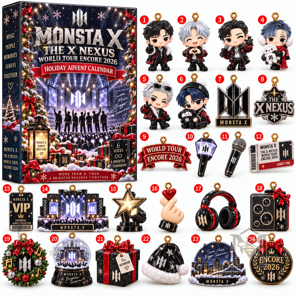 MONSTA X THE X NEXUS World Tour Encore 2026 Holiday Advent Calendar - displayed with character ornaments
