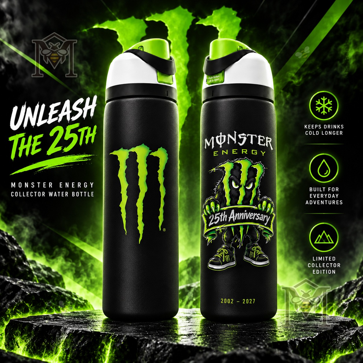 Monster Energy 25th Anniversary Water Bottle - front and reverse views