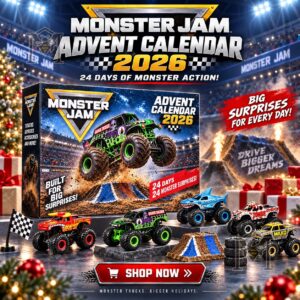 Monster Jam 2026 Advent Calendar - front view showing boxed calendar and monster trucks