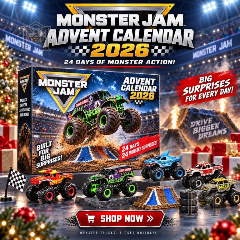 Monster Jam 2026 Advent Calendar - front view showing boxed calendar and monster trucks