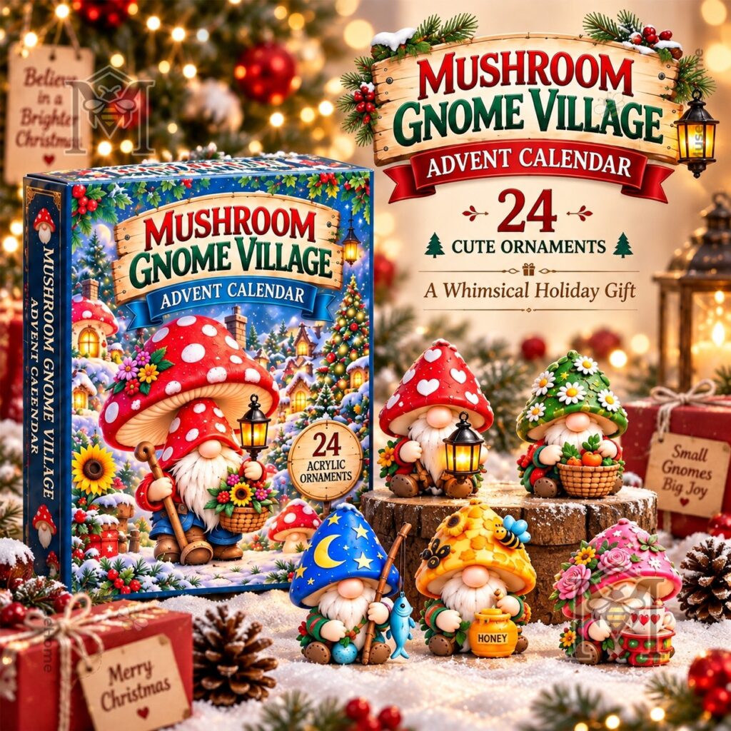 Mushroom Gnome Village Advent Calendar 2026 – Front box and gnome ornaments Mushroom Gnome Village Advent Calendar 2026 - front box and gnome ornaments