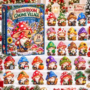 Mushroom Gnome Village Advent Calendar 2026 - side panel with mushroom gnome artwork