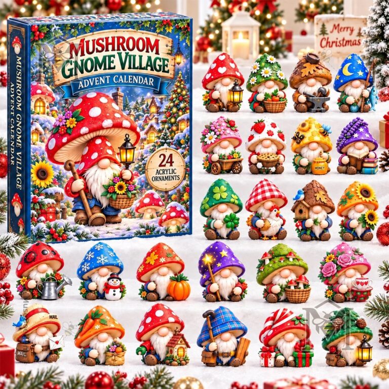 Mushroom Gnome Village Advent Calendar 2026 - side panel with mushroom gnome artwork