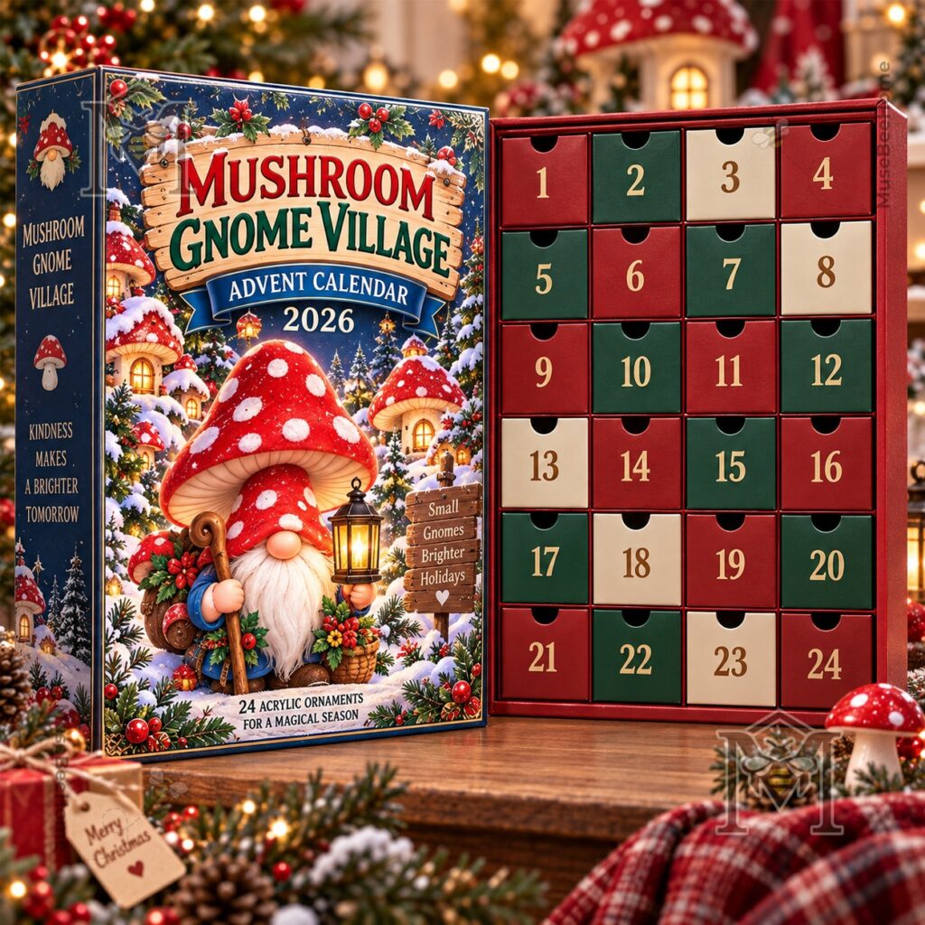 Mushroom Gnome Village Advent Calendar 2026 - close view of colorful gnome figures