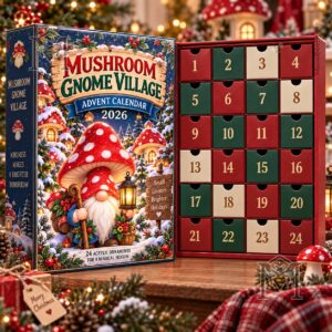 Mushroom Gnome Village Advent Calendar 2026 - close view of colorful gnome figures