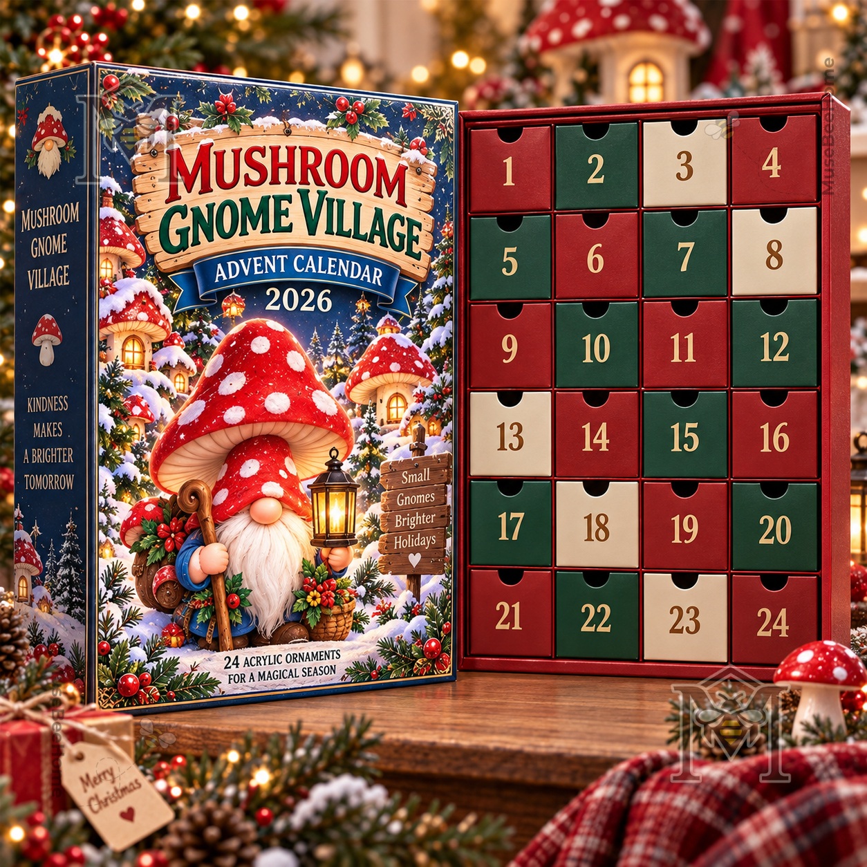 Mushroom Gnome Village Advent Calendar 2026 - close view of colorful gnome figures