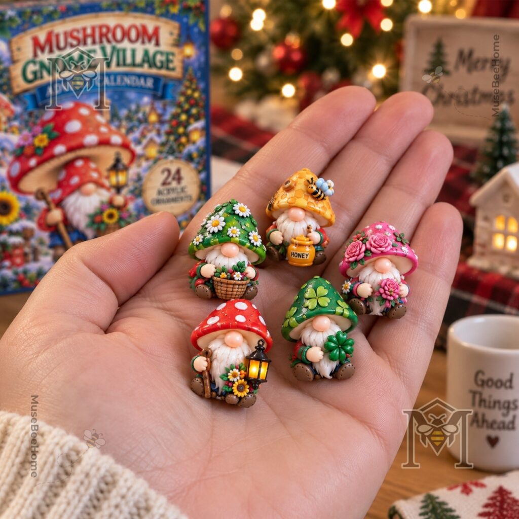 Mushroom Gnome Village Advent Calendar 2026 - complete holiday display with packaging