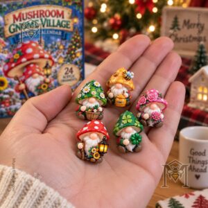 Mushroom Gnome Village Advent Calendar 2026 - complete holiday display with packaging