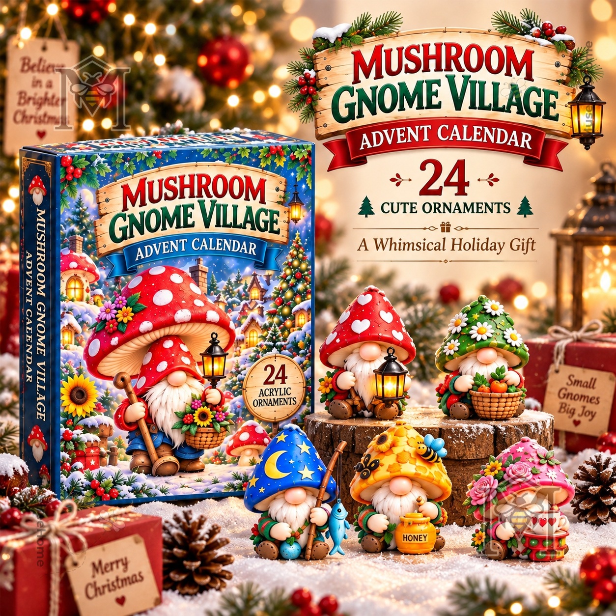 Mushroom Gnome Village Advent Calendar 2026 - front box and gnome ornaments