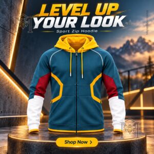 My Hero Academia Deku Zip Hoodie - front view with teal, yellow, red, and white panels