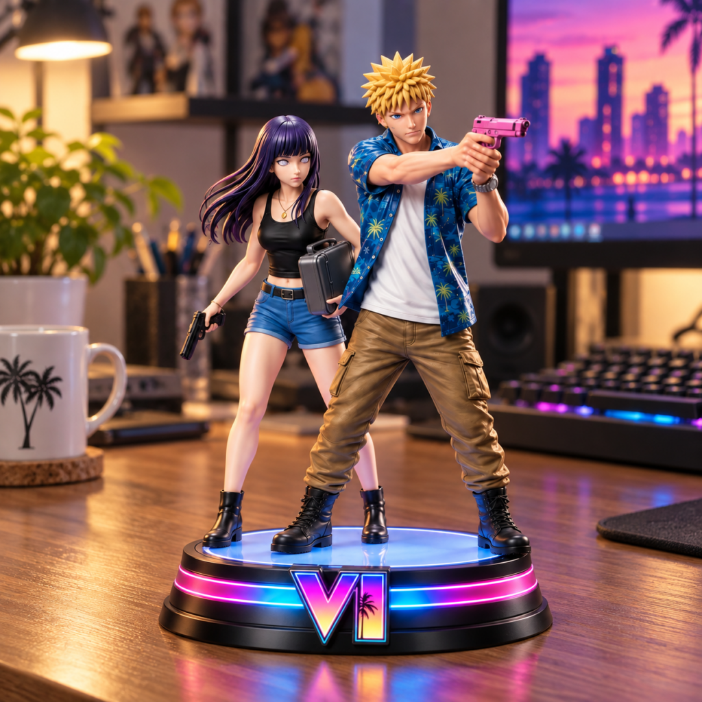 Naruto and Hinata Grand Theft Auto VI Vice City Crossover Figure - illuminated base close-up