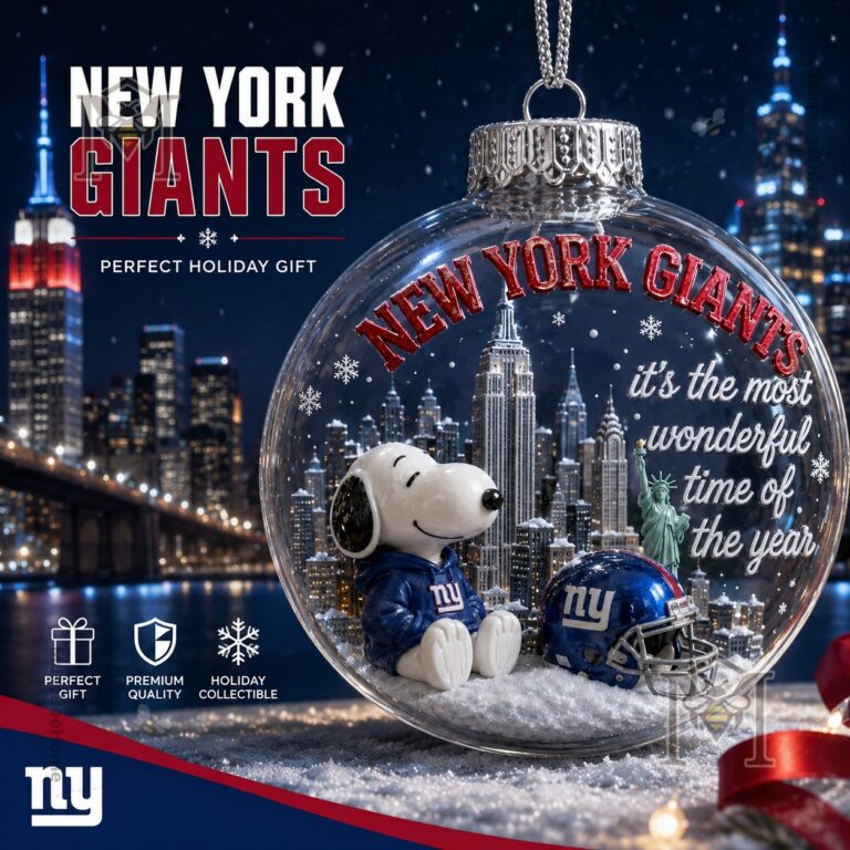 New York Giants Snoopy Global Ornament 2026 - front view with skyline and helmet