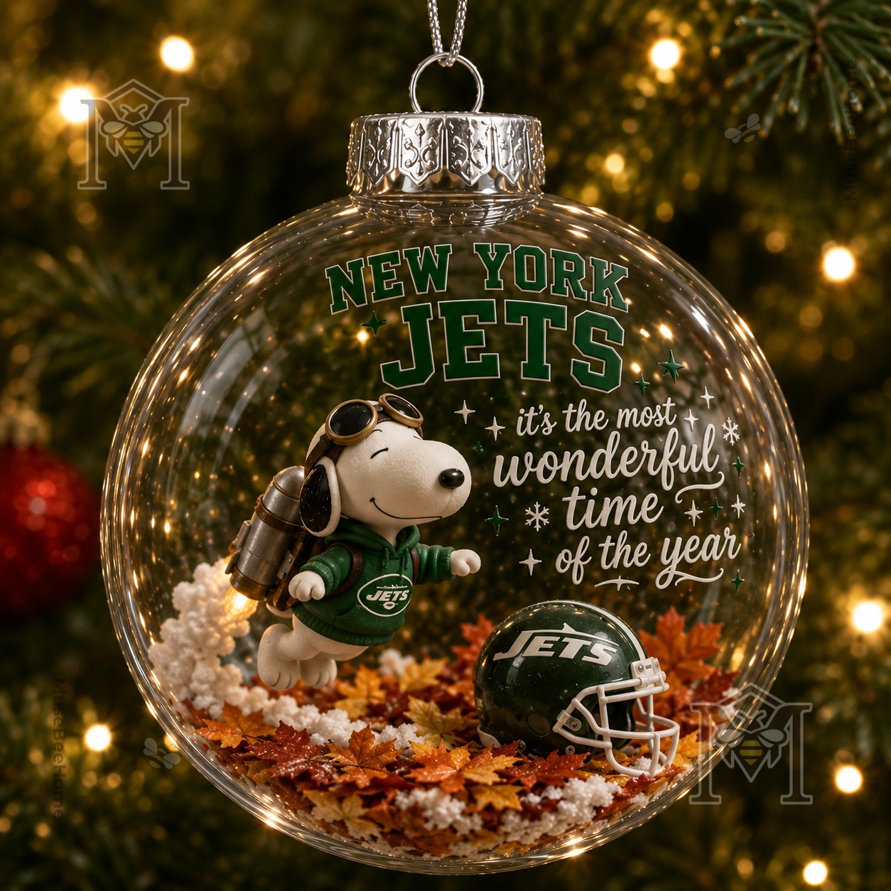 New York Jets Snoopy Global Ornament 2026 - Snoopy flying beside Jets helmet