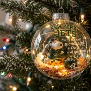 New York Jets Snoopy Global Ornament 2026 - close view of holiday lettering