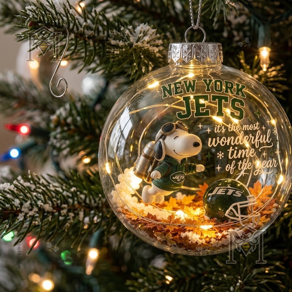 New York Jets Snoopy Global Ornament 2026 - close view of holiday lettering
