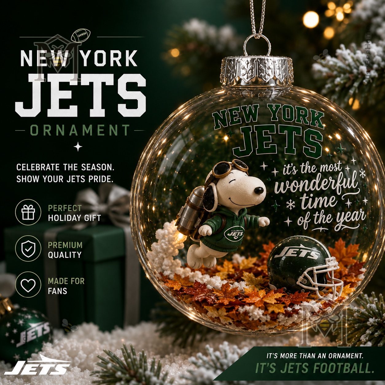 New York Jets Snoopy Global Ornament 2026 - full bauble front view