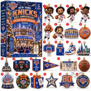 New York Knicks 80th Anniversary 2026 Advent Calendar - front view with ornaments displayed