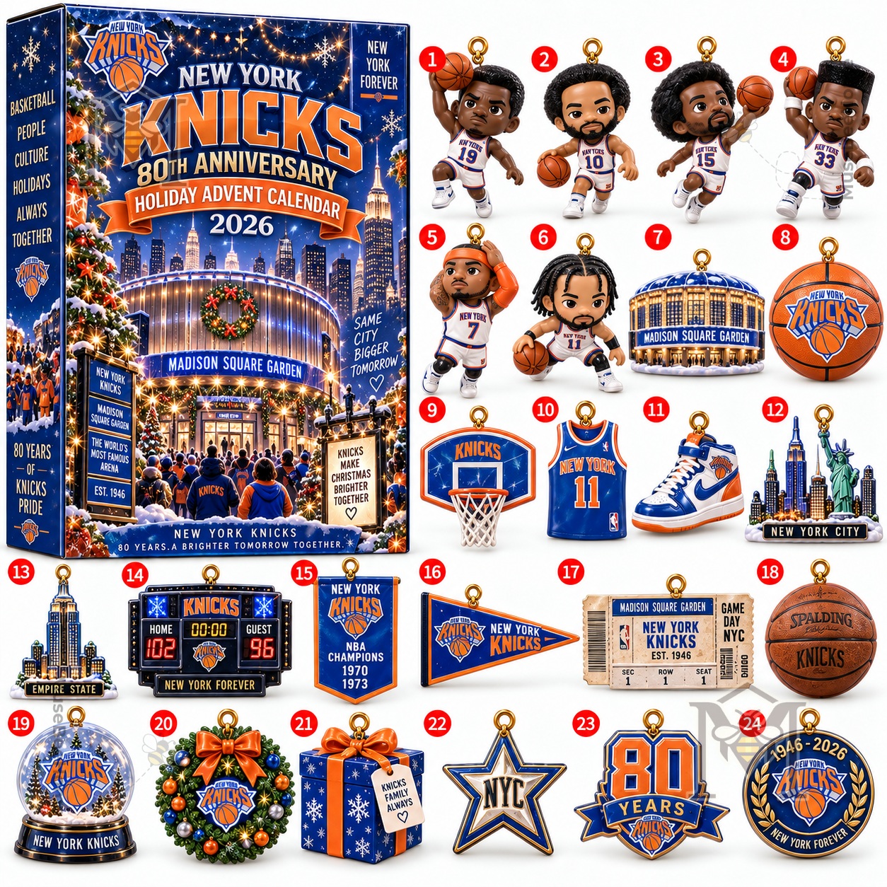New York Knicks 80th Anniversary 2026 Advent Calendar - front view with ornaments displayed