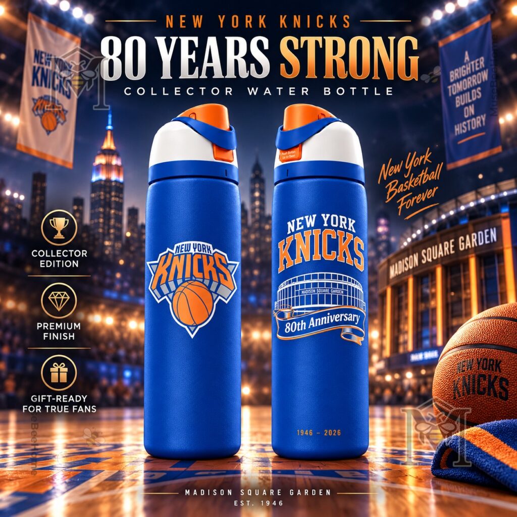 New York Knicks 80th Anniversary Madison Square Garden Water Bottle - front and back views