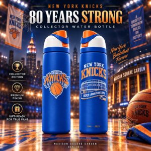 New York Knicks 80th Anniversary Madison Square Garden Water Bottle - front and back views