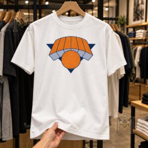 New York Knicks Ji Lee Underbranded Logo T-Shirt - front view with geometric orange and blue graphic