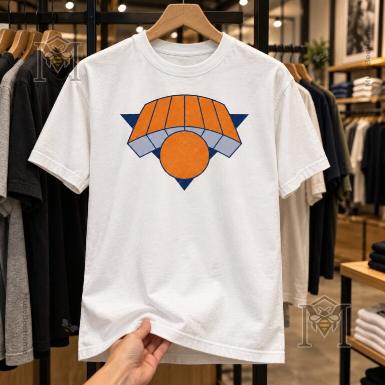 New York Knicks Ji Lee Underbranded Logo T-Shirt - front view with geometric orange and blue graphic