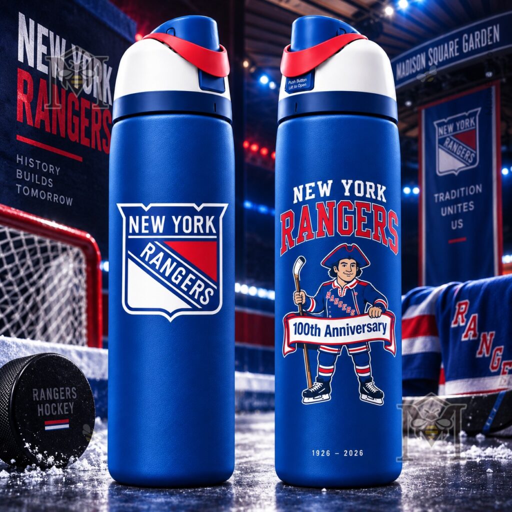 New York Rangers 100th Anniversary 2026 Water Bottle – Front and rear views New York Rangers 100th Anniversary 2026 Water Bottle - front and rear views