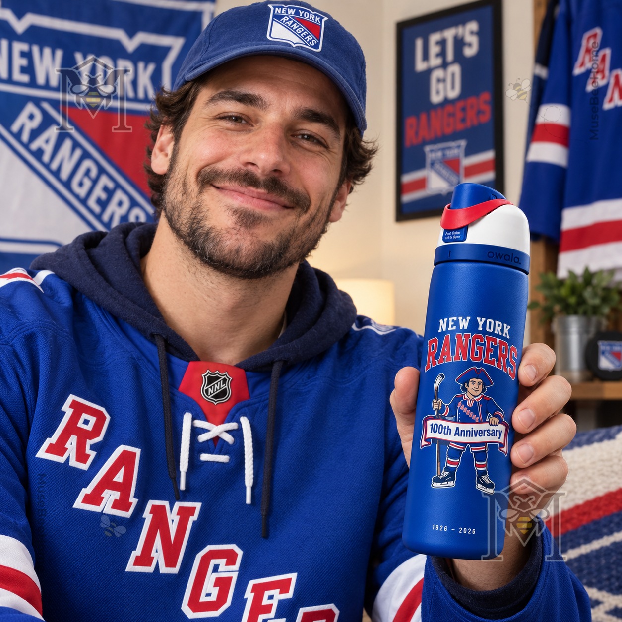 New York Rangers 100th Anniversary 2026 Water Bottle - hockey player anniversary graphic