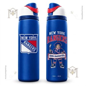New York Rangers 100th Anniversary 2026 Water Bottle - blue bottle with red accents