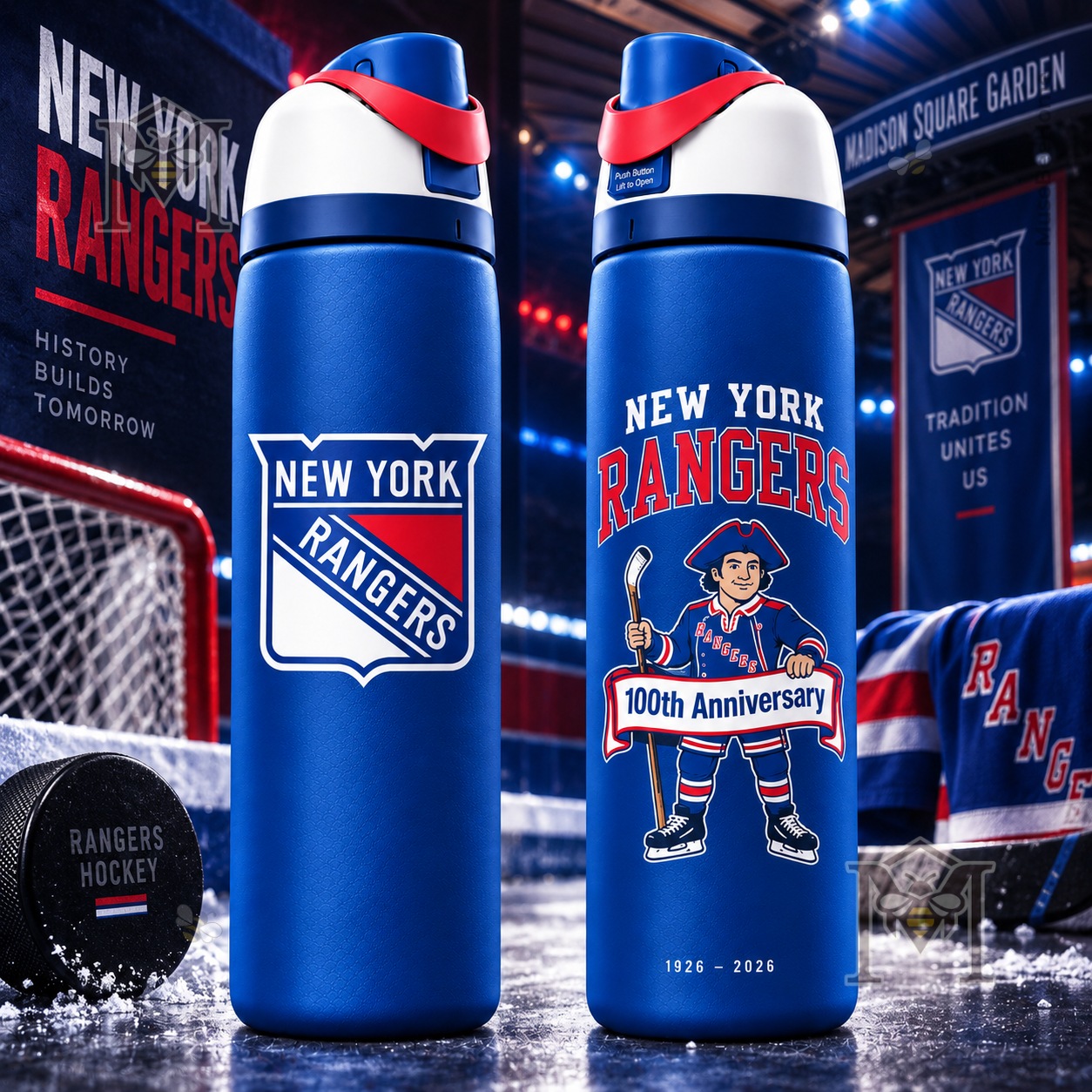 New York Rangers 100th Anniversary 2026 Water Bottle - front and rear views
