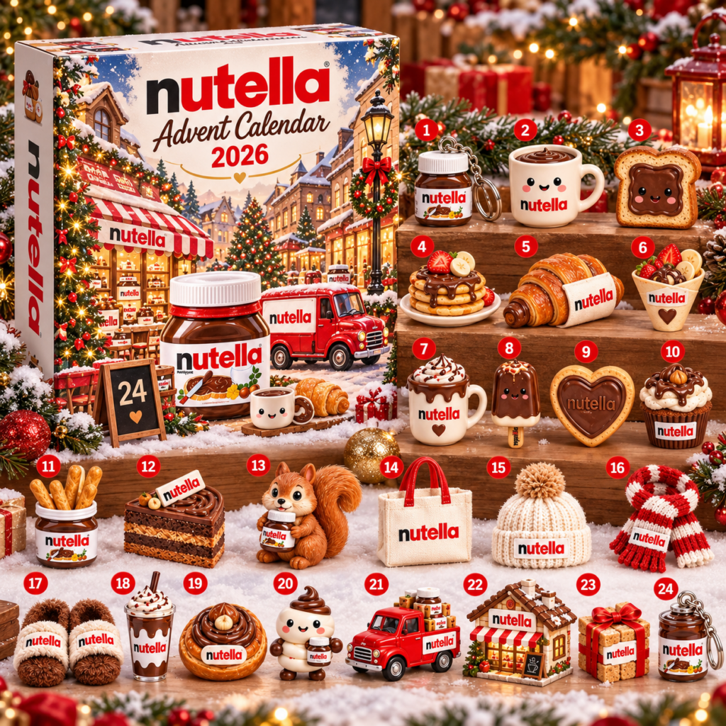 Nutella calendar artwork showing jars, pastries, gifts, and Christmas accessories