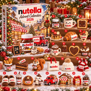 Nutella calendar artwork showing jars, pastries, gifts, and Christmas accessories