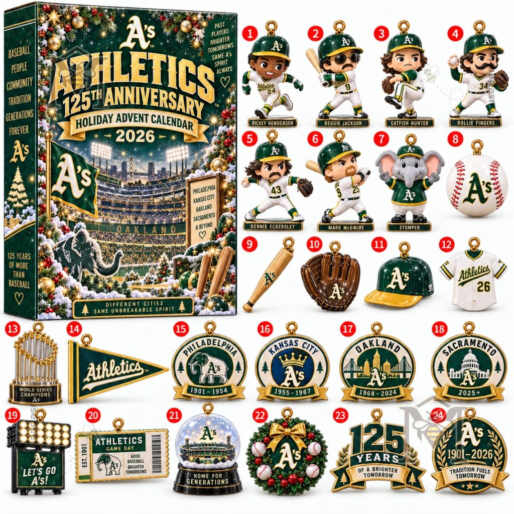 Oakland Athletics 125th Anniversary 2026 Advent Calendar – Front packaging and 24 ornament Oakland Athletics 125th Anniversary 2026 Advent Calendar - front packaging and 24 ornament designs