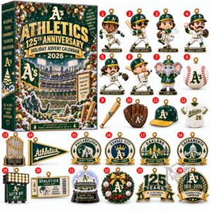 Oakland Athletics 125th Anniversary 2026 Advent Calendar - front packaging and 24 ornament designs