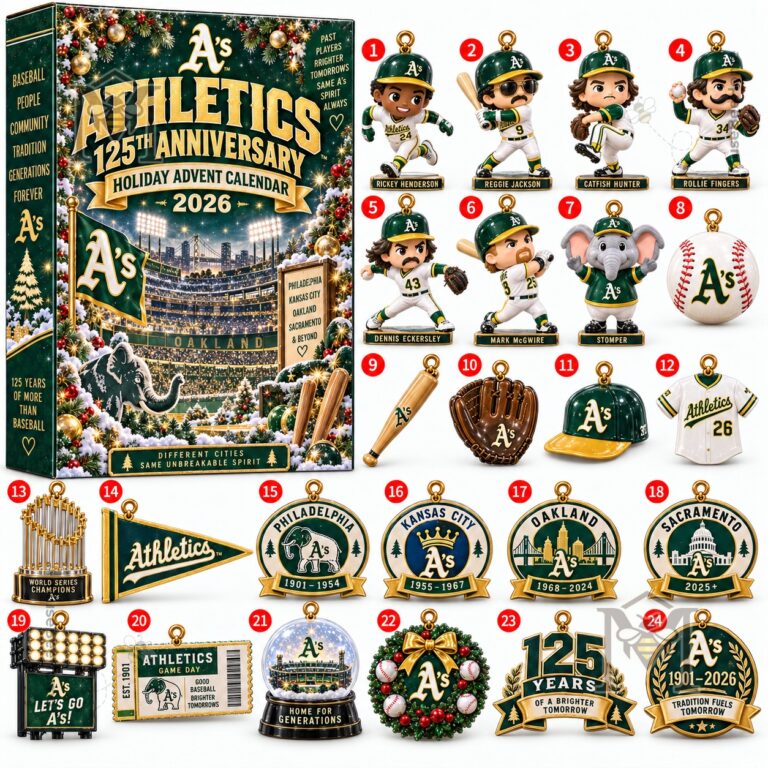 Oakland Athletics 125th Anniversary 2026 Advent Calendar - front packaging and 24 ornament designs