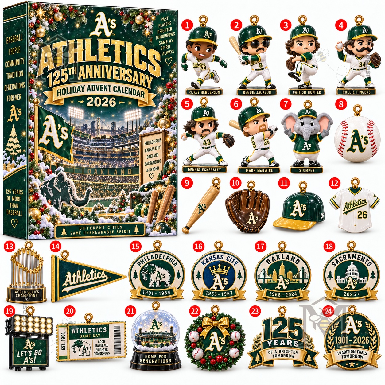 Oakland Athletics 125th Anniversary 2026 Advent Calendar - front packaging and 24 ornament designs