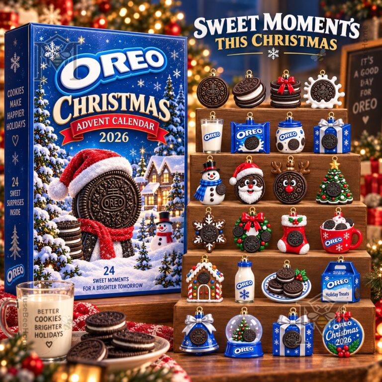 Oreo Advent Calendar Christmas 2026 - front view beside Oreo Christmas ornaments