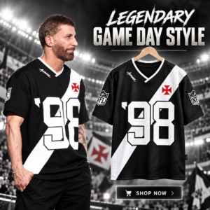 Pedrinho Approve x NFL x Vasco da Gama Mesh Jersey - front view beside modeled jersey