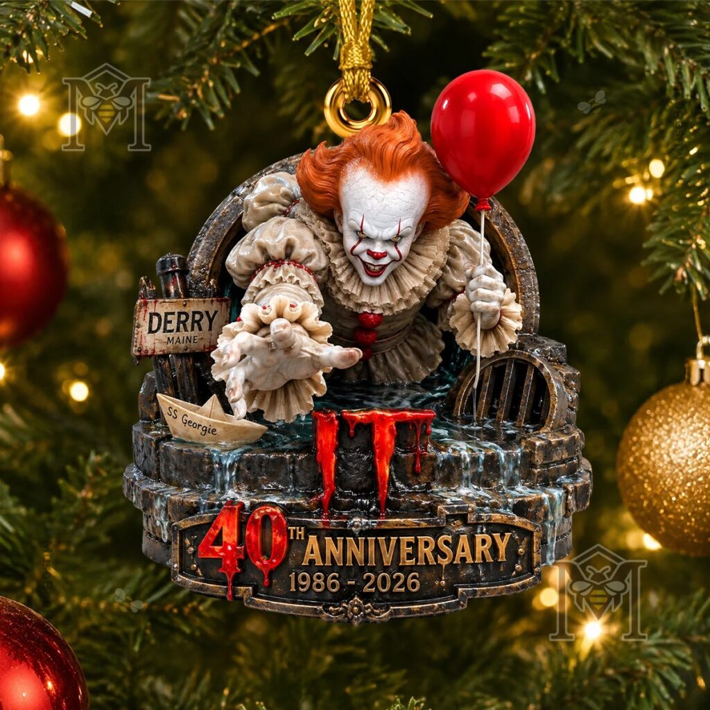 Pennywise 40th Anniversary 1986-2026 Ornament – Front view with red balloon Pennywise 40th Anniversary 1986-2026 Ornament - front view with red balloon and Derry sign
