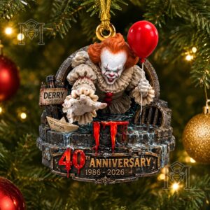 Pennywise 40th Anniversary 1986-2026 Ornament - front view with red balloon and Derry sign