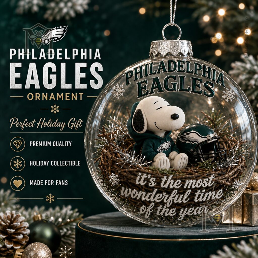 Philadelphia Eagles Snoopy Global Ornament 2026 - front view with helmet and nest